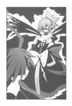  1girl adell_(disgaea) ahoge bow demon disgaea dress elbow_gloves gloves greyscale highres jewelry makai_senki_disgaea_2 monochrome pointy_ears ponytail rozalin scan short_hair strapless strapless_dress wings yamamoto_keiji zenon_(disgaea) 