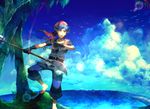 barefoot blue_eyes chrono_cross gloves highres male_focus serge sky solo sunakumo water weapon 