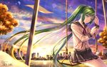  city green_hair hatsune_miku long_hair school_uniform sitting solo swing tidsean tree twintails very_long_hair vocaloid 