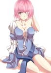  arm_support bad_id bad_pixiv_id bare_legs barefoot breasts cleavage collarbone hand_in_hair large_breasts legs looking_at_viewer no_bra no_hat no_headwear off_shoulder one_eye_closed pink_eyes pink_hair saigyouji_yuyuko short_hair sitting solo thighs touhou yappen yokozuwari 