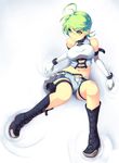  ahoge bare_shoulders belt boots breasts crop_top elbow_gloves gloves green_eyes green_hair koflif large_breasts midriff navel original panties short_hair short_shorts shorts sitting smile solo thigh_strap underwear unzipped 