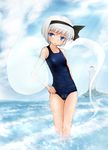  black_hairband blue_eyes covered_navel ghost hair_ribbon hairband hal_(ojou) highres hitodama konpaku_youmu konpaku_youmu_(ghost) lighthouse navel ocean one-piece_swimsuit ribbon school_swimsuit silver_hair solo swimsuit touhou wading water 