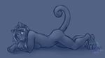  blue_eyes blue_theme curiodraco cute feline female mammal monochrome nude raised_tail solo tail 