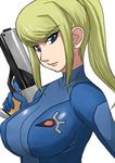  blonde_hair blue_eyes breasts gun holding lowres metroid nintendo otogi_tetsurou samus_aran skin_tight solo weapon zero_suit 