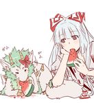  chin_rest closed_eyes creature eating food fruit fujiwara_no_mokou hakutaku happy holding holding_food holding_fruit horn_ribbon horns kamishirasawa_keine kamishirasawa_keine_(hakutaku) ribbon touhou watermelon yomegane 