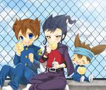  3boys absurdres blue_eyes blue_hair blush brown_hair cloak eating eyes_closed headband highres holding inazuma_eleven inazuma_eleven_(series) inazuma_eleven_go male male_focus matsukaze_tenma multiple_boys nishizono_shinsuke open_mouth school_uniform short_hair sitting smile tsurugi_kyousuke yellow_eyes 