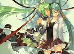  aqua_hair bigegg bridal_gauntlets cable closed_eyes dual_persona elbow_gloves glasses gloves green_hair hatsune_miku hatsune_miku_(append) kocchi_muite_baby_(vocaloid) long_hair multiple_girls natural_(module) project_diva_(series) project_diva_2nd skirt twintails very_long_hair vocaloid vocaloid_append 