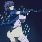  ass big_ass boots breasts fingerless_gloves ghost_in_the_shell ghost_in_the_shell_stand_alone_complex gloves gun highres holding huge_ass jacket kusanagi_motoko large_breasts otogi_tetsurou purple_hair red_eyes short_hair solo thigh_boots thighhighs weapon 