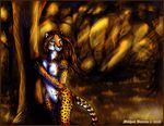  breasts cheetah darksilver feline female forest hair hybrid jaguar long_hair mammal nature nipples nude scenery solo standing tree wood 