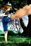  bad_id bad_pixiv_id barefoot bracelet brown_hair copyright_request denim denim_shorts fedora feet fighting_stance flower grass hat highres jewelry kicking martial_arts nature ponytail rose shirt shjjy296 shorts soles solo t-shirt torn_clothes torn_shorts tree water waterfall 