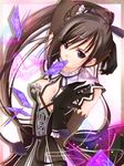  arm_up black_hair breasts card card_in_mouth cleavage earrings elbow_gloves falling_card gloves highres jewelry long_hair maxima_enfield medium_breasts mouth_hold ponytail purple_card purple_eyes shining_(series) shining_hearts solo yuuki_sara 