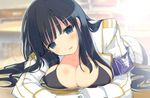  bent_over black_hair blue_eyes blush bra breasts desk ikaruga_(senran_kagura) large_breasts lingerie long_hair official_art pantyhose senran_kagura senran_kagura_shoujo-tachi_no_shin'ei skirt solo third-party_edit underwear uniform yaegashi_nan 