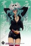  bleach breasts casual cleavage facial_mark green_hair grey_eyes large_breasts long_hair midriff nelliel_tu_odelschwanck official_art scan scan_artifacts skull solo 