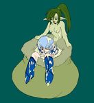  2girls blue_hair boots camel_(dansen) character_request elf female game_cg girl green_hair green_skin monster_girl multiple_girls open_mouth pitcher_plant plant plant_girl pointy_ears red_eyes simple_background vore 