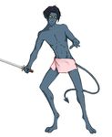  big blue eyes happy kurt_wagner legs male marvel mutant nightcrawler nude plain_background pointy purple purple_hair solo sword tail towel unknown_artist weapon white_background x-men yellow yellow_eyes 