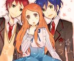  2boys bad_id bad_pixiv_id blazer blue_hair blush bow brown_eyes copyright_name green_eyes jacket long_hair mawaru_penguindrum mentaishi multiple_boys necktie open_mouth orange_hair red_hair school_uniform siblings skirt smile star sweater takakura_himari takakura_kanba takakura_shouma teeth 