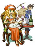  1girl alcohol bruise cat dirty dress drill_hair food gem hat injury jewelry necklace pickaxe rock_volnutt rockman rockman_dash roll_caskett steak wine yougasu 