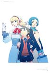  2girls absurdres aegis_(persona) amada_ken android aqua_hair armband blonde_hair blue_eyes brown_hair gloves highres multiple_girls non-web_source official_art persona persona_3 persona_3_portable ribbon short_hair smile soejima_shigenori yamagishi_fuuka 