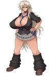  1girl between_breasts blonde_hair breasts brown_eyes center_opening choker cleavage curvy earrings erect_nipples female footwear gigantic_breasts hands_on_hips highres huge_breasts jewelry kurokagami_ryuuko long_hair muchigaku necktie otogi_tetsurou pleated_skirt shoes skirt socks solo standing 