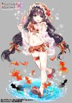  black_hair bow brave_sword_x_blaze_soul copyright_name feet fish flower food full_body goldfish grey_background hair_bow hair_flower hair_ornament hairband hand_up long_hair navel official_art popsicle puddle red_bow red_flower red_swimsuit rin_(ringer) sandals solo standing swimsuit thigh_strap tongue tongue_out very_long_hair watermark 