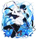  absurdres ao_no_exorcist belt blue_eyes blue_fire fire flaming_sword highres holding holding_sword holding_weapon kneeling male_focus md5_mismatch necktie okumura_rin pointy_ears solo striped striped_neckwear sword tail tail-tip_fire unsheathed water weapon yuuno_(yukioka) 