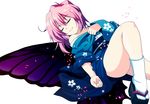  bad_id bad_pixiv_id bare_shoulders blue_wings butterfly_wings cherry_blossoms clog_sandals closed_eyes japanese_clothes kotomuke_fuurin legs lying multicolored multicolored_wings no_hat no_headwear obi off_shoulder okobo on_back petals pink_hair purple_wings saigyouji_yuyuko sash short_hair solo tabi touhou white_legwear wings 