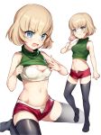  alternate_costume black_legwear blonde_hair blue_eyes blush bra breasts candy cleavage closed_mouth curcumin eyebrows_visible_through_hair food full_body girls_und_panzer highres holding_lollipop katyusha lollipop long_hair medium_breasts midriff multiple_views navel open_mouth panties red_shorts short_hair shorts simple_background sitting sleeveless smile standing tears thighhighs unbuttoned underwear white_background white_panties 