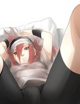  1girl arms_up bed bike_shorts cameltoe crotch hair_between_eyes hat highres kazari_tayu looking_at_viewer lying naruto on_back red_eyes red_hair serious shirt solo spread_legs t-shirt tayuya tayuya1130 