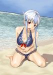  adapted_costume alternate_hairstyle bare_legs bare_shoulders beach bikini blue_hair blush breasts cleavage collarbone covered_nipples day hair_up kabocha_head kamishirasawa_keine large_breasts long_hair multicolored_hair outdoors red_eyes sand silver_hair sitting solo swimsuit touhou twintails two-tone_hair wariza water 