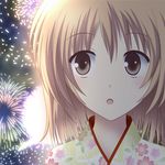  :o aerial_fireworks brown_eyes brown_hair fireworks japanese_clothes kimono night onicchi original solo 
