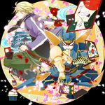  bird blonde_hair camellia card castle crane_(animal) dual_persona falling_card flower geta hanafuda ivan_karelin jacket katana letterman_jacket male_focus multiple_boys origami_cyclone pagoda petals purple_eyes purple_jacket scabbard sheath shuriken srk555 superhero sword tabi tiger_&amp;_bunny weapon 