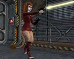  alien animal_ears brown_hair caitian cat_ears cgi feline female gun hair insignia legwear long_hair m&#039;ress mammal phaser raised_arm ranged_weapon solo star_trek star_trek_the_animated_series toeless_socks tricorder uniform unknown_artist weapon 