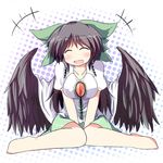  ^_^ black_wings blush bow brown_hair cape closed_eyes green_bow hair_bow halftone halftone_background open_mouth reiuji_utsuho shirt sitting skirt smile solo third_eye touhou v_arms wings zetz 