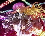  black_legwear blonde_hair dress gradient_hair hijiri_byakuren long_hair multicolored_hair purple_eyes purple_hair ribbon scroll solo sorcerer's_sutra_scroll thighhighs touhou two-tone_hair uousa-ou yellow_eyes 