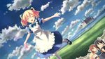  :&gt; :d =_= alice_cartelet apron blonde_hair book castle closed_eyes cloud day dress field highres imagining inokuma_youko kin-iro_mosaic komichi_aya maid multiple_girls open_mouth outstretched_arms sky smile spread_arms thought_bubble twintails yuuki_tatsuya 