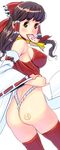  ass bad_id bad_pixiv_id bare_shoulders bdsm bondage bound bow breasts brown_eyes brown_hair cowboy_shot crotch_rope detached_sleeves from_behind fundoshi hair_bow hair_tubes hakurei_reimu japanese_clothes large_breasts long_hair looking_back masao mouth_hold no_pants ofuda solo thighhighs touhou 