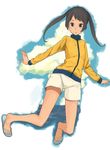  asamoto blue_eyes copyright_request jacket open_mouth sandals shorts solo twintails 