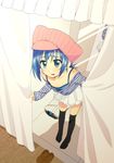  bad_id bad_pixiv_id black_legwear blue_hair blush cardfight!!_vanguard crossdressing full_body green_eyes hat male_focus off_shoulder open_mouth otoko_no_ko sendou_aichi skirt solo thighhighs 