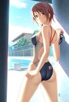  2005 ass blue_sky brown_eyes brown_hair building chain-link_fence cloud competition_swimsuit day fence flag goggles highleg highleg_swimsuit highres japan kuri_(kurigohan) looking_back one-piece_swimsuit original pool short_hair sky solo sunlight swimsuit tree 