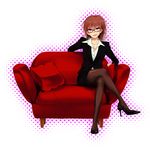  bad_id bad_pixiv_id brown_eyes brown_hair business_suit couch crossed_legs formal glasses high_heels highres jacket kei_(seashellpink) lipstick makeup miniskirt misaka_worst pantyhose pencil_skirt shirt shoes short_hair sitting skirt skirt_suit smirk solo suit to_aru_majutsu_no_index white_shirt 