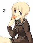  blonde_hair blue_eyes blush eating erica_hartmann food holding_pizza jacket military military_uniform mouth_hold pizza short_hair simple_background slice_of_pizza solo strike_witches tsuchii_(ramakifrau) uniform world_witches_series 