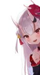  1girl absurdres bell blush detached_sleeves double_bun fuyutsuki_kei gold_trim grey_hair hair_bell hair_bun hair_ornament highres hololive horns jingle_bell long_hair looking_at_viewer mask mask_on_head multicolored_hair nakiri_ayame off_shoulder oni_horns oni_mask open_mouth peeking_out red_eyes red_hair shiranui_(nakiri_ayame) smile solo streaked_hair tassel tassel_hair_ornament two_side_up upper_body virtual_youtuber 