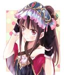  atelier_(series) atelier_totori bare_shoulders black_gloves black_hair blush cosplay gloves hat long_hair maromi_(am97) mimi_houllier_von_schwarzlang ponytail red_eyes simple_background solo totooria_helmold totooria_helmold_(cosplay) 