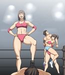  2girls abs brown_eyes brown_hair femdom fingerless_gloves gloves makya multiple_boys multiple_girls muscle open_mouth original short_hair wrestling 