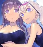 bad_id bad_pixiv_id black_hair blonde_hair blue_eyes breasts competition_school_swimsuit goggles large_breasts long_hair lowres mckeee multiple_girls new_school_swimsuit one-piece_swimsuit open_mouth original purple_eyes school_swimsuit smile sweat swimsuit 
