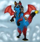  bat_wings black black_hair black_nose black_sclera blonde_hair blue canine claws cloud clouds demon emo_hair female fin flame_markings flying hair jenetikitty mammal markings nightmare_fuel original_character_do_not_steal polydactyly red red_eyes red_markings sky solo sparkledog wings wolf yellow_pawpads 