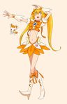  asamoto blonde_hair boots bow choker cure_sunshine flower hair_flower hair_ornament heartcatch_precure! knee_boots long_hair magical_girl midriff myoudouin_itsuki orange_bow orange_choker potpourri_(heartcatch_precure!) precure skirt solo twintails walking yellow_eyes 