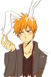  animal_ears bearpower bleach bunny_ears bunnyboy jacket kurosaki_ichigo lowres male male_focus orange_hair pixiv_manga_sample simple_background solo 