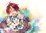  490 ^_^ ahoge apron arms_up axis_powers_hetalia bad_id bad_pixiv_id bandana bangs blush bouquet brown_hair child closed_eyes crossdressing dress flower from_above happy holding maid male_focus northern_italy_(hetalia) skirt solo 