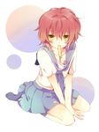  1boy blush crossdress crossdressing full_body male male_focus mouth_hold original popsicle red_hair school_uniform serafuku short_hair sitting solo trap 